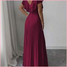 Vestido elegante y romántico para mujer con cuello en V, con volantes en la cintura y silueta evasé - Rojo - Ver 3