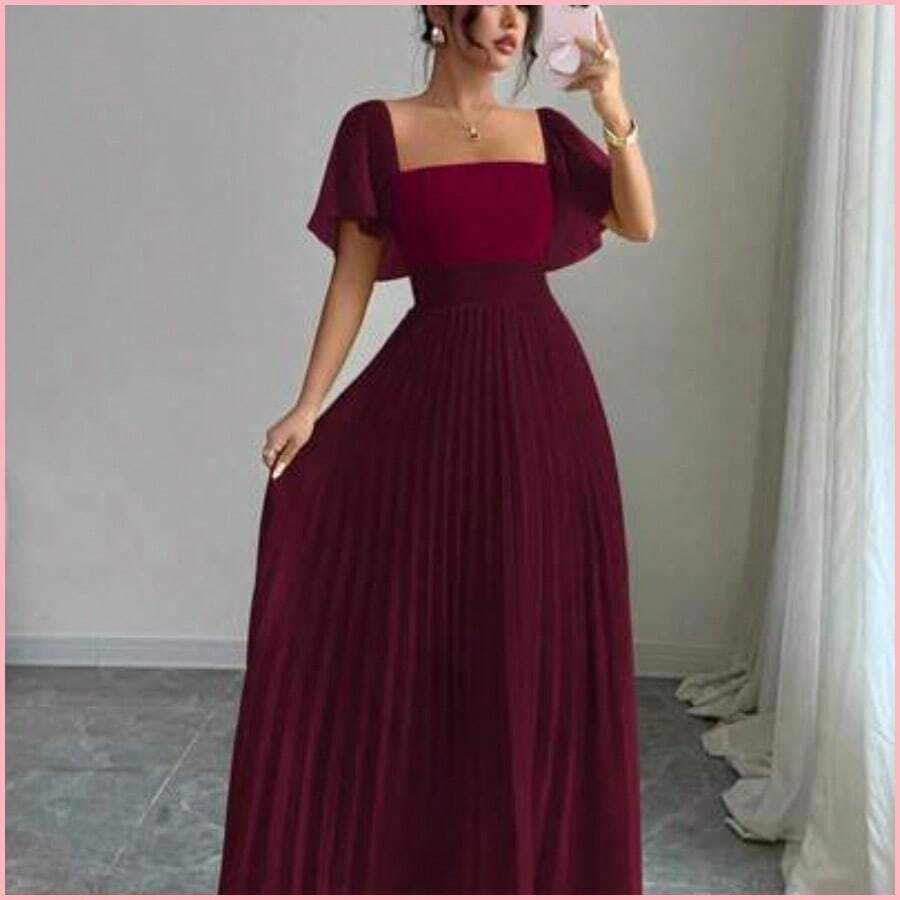 Vestido de línea A para mujer de color amarillo crema con cuello cuadrado y cintura ceñida, elegante y romántico - Burdeos - Ver 1