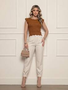 ONLYONE - Modal Cropped Blouse With Japanese Sleeves And Wave Detail At The Hem - Women's Blouses, Knit Blouses - 駝色 - 查看 1