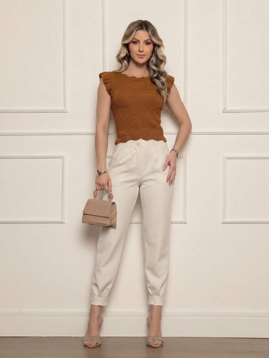 ONLYONE - Modal Cropped Blouse With Japanese Sleeves And Wave Detail At The Hem - Women's Blouses, Knit Blouses - 駝色 - 查看 1