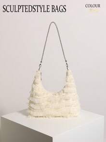 Bolso de hombro tipo hobo con minifalda de malla beige con borlas y brillantes de strass para mujeres, adecuado para vacaciones y compras (patrón floral aleatorio) - Beis - Ver 8
