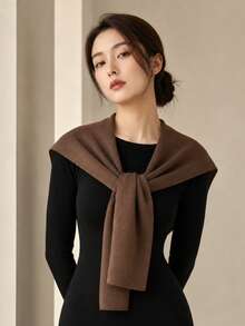 Women's Solid Knit Shawl, Versatile Tie Front Neck Scarf, Casual Warm Layering Accessory - Coffee Brown - View 4