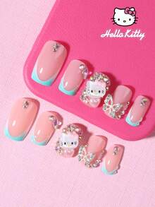 Sanrio Hello Kitty 24pcs Short Square 3d Gel & Gradient French Tip Press On Nails With Cute Three-Dimensional Hello Kitty,Diamond Butterfly, Flower, Rhinestone And Heart Decoration,Perfect Fit False Nail Set,For Woman & Girl Daily Wear Rave Party Use - Multicolor - View 3