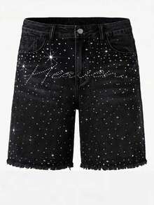 Men's Distressed Black & Grey Rhinestone Star Print Frayed Hem Denim Shorts, Shiny Knee Length Inseam - Black - View 1
