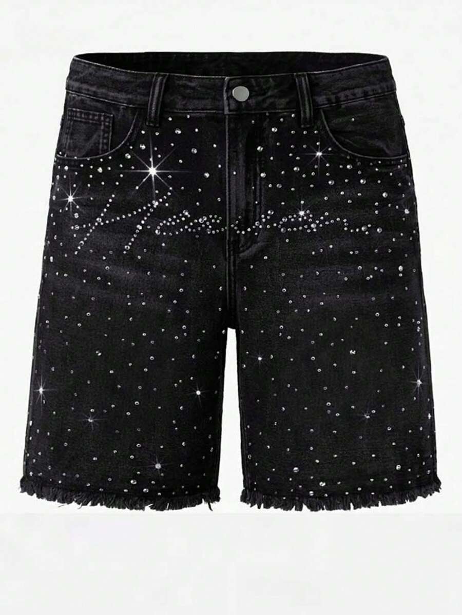 Men's Distressed Black & Grey Rhinestone Star Print Frayed Hem Denim Shorts, Shiny Knee Length Inseam - Black - View 1