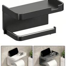 2pcs No-Drill Toilet Paper Holder With Phone Shelf, Wall-Mounted Bathroom Tissue Rack, Multifunctional Storage Shelf - Black - View 7