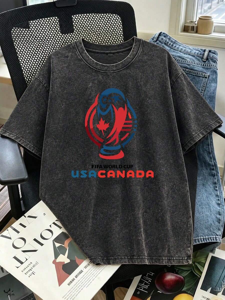 Unisex Stone Wash Short Sleeve T-Shirt, 2026 USA/Canada World Cup Logo Print, World Cup Jersey, Casual Sporty Fashion Summer - 黑色 - 查看 1