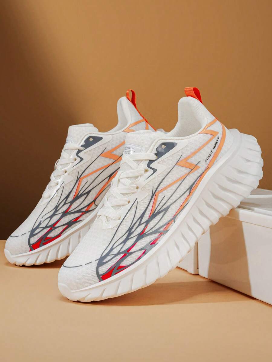 Men's Colorblock Line Design Lace-Up White All-Season Low-Top Sneakers, Versatile Lightweight Comfortable Thick Sole Height-Increasing Running Shoes For Daily Commute And Streetwear