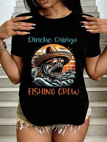 Camiseta de pescador de la tripulación de pesca Cute Mexico Pinche, camisetas de moda casual para mujeres, camisetas deportivas activas para mujeres - Negro - Ver 1