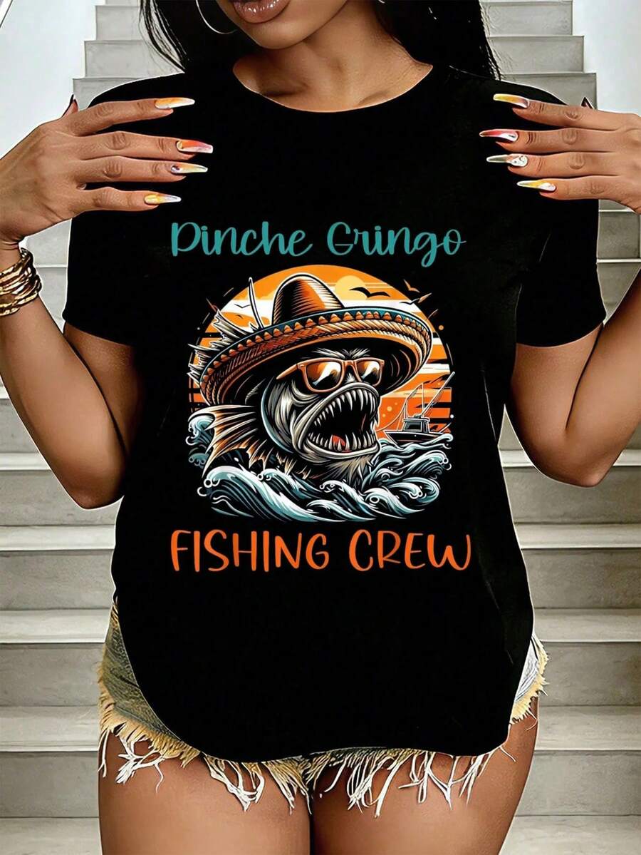 Camiseta de pescador de la tripulación de pesca Cute Mexico Pinche, camisetas de moda casual para mujeres, camisetas deportivas activas para mujeres - Negro - Ver 1