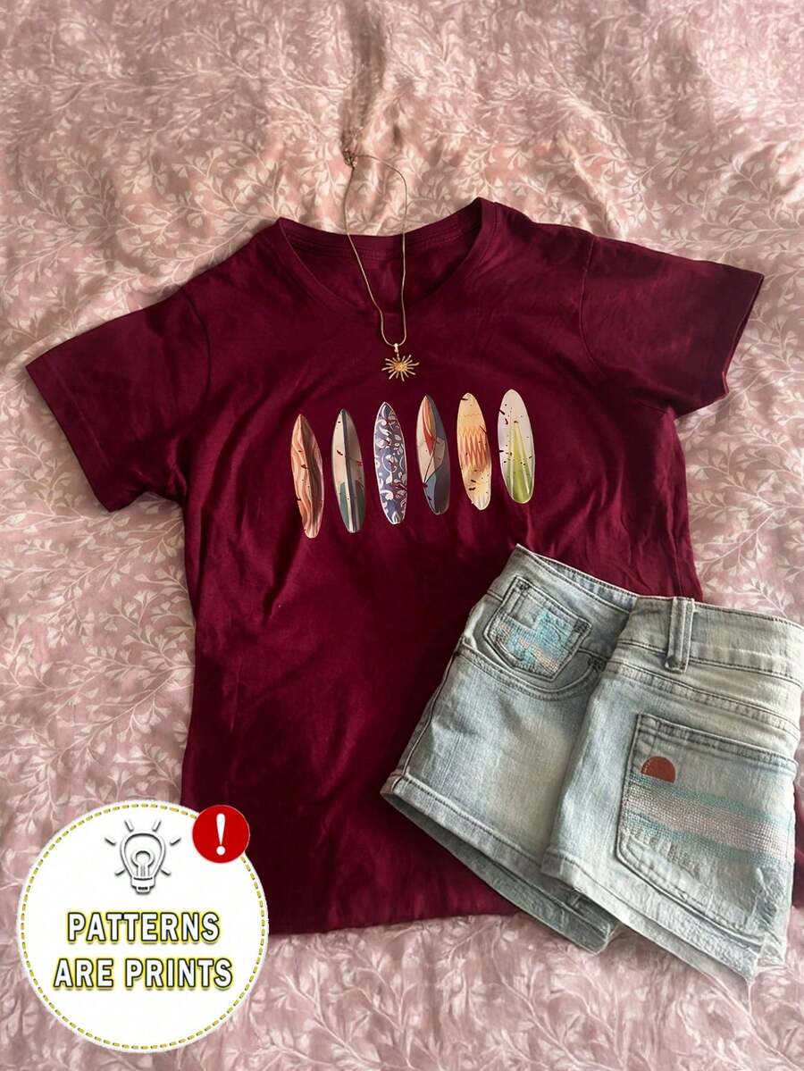 Women's Casual Printed T-Shirt, Short Sleeve And Round Neck, Local Urban Fashion Spring/Summer. Women's Blouses, Women's T-Shirts. 180g (S-XXXL) - 酒紅色 - 查看 1
