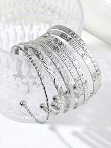 7pcs/Set Juego de Brazaletes Dorados - Brazaletes Apilables Multicapa con Textura Estilo Bohemio Joyería - Plateado - Ver 5