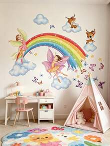 Rainbow Fairy Deer Wall Decal, Butterfly Cloud Floral Sticker, Home Wall Art Decor, Nursery Girls Room, Removable Self-Adhesive Room Art - Multicolor - View 9