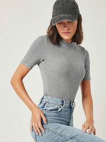 Top tejido de canalé de cuello alto - Gris - Ver 1