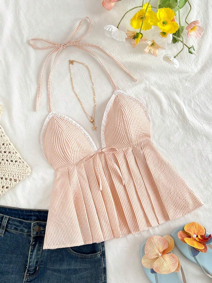 Nueva llegada de primavera Camiseta de mujer con lazo, cuello en V a rayas, ajuste ceñido, tirantes finos - Naranja - Ver 1