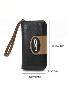 Women's Mini Handheld Phone Wallet, Exquisite Buckle Color-Block Patchwork Soft PU Long Wallet, Multifunctional Large Capacity ID Storage Pouch, Zipper Coin Purse, Lightweight And Fashionable - Black - View 7
