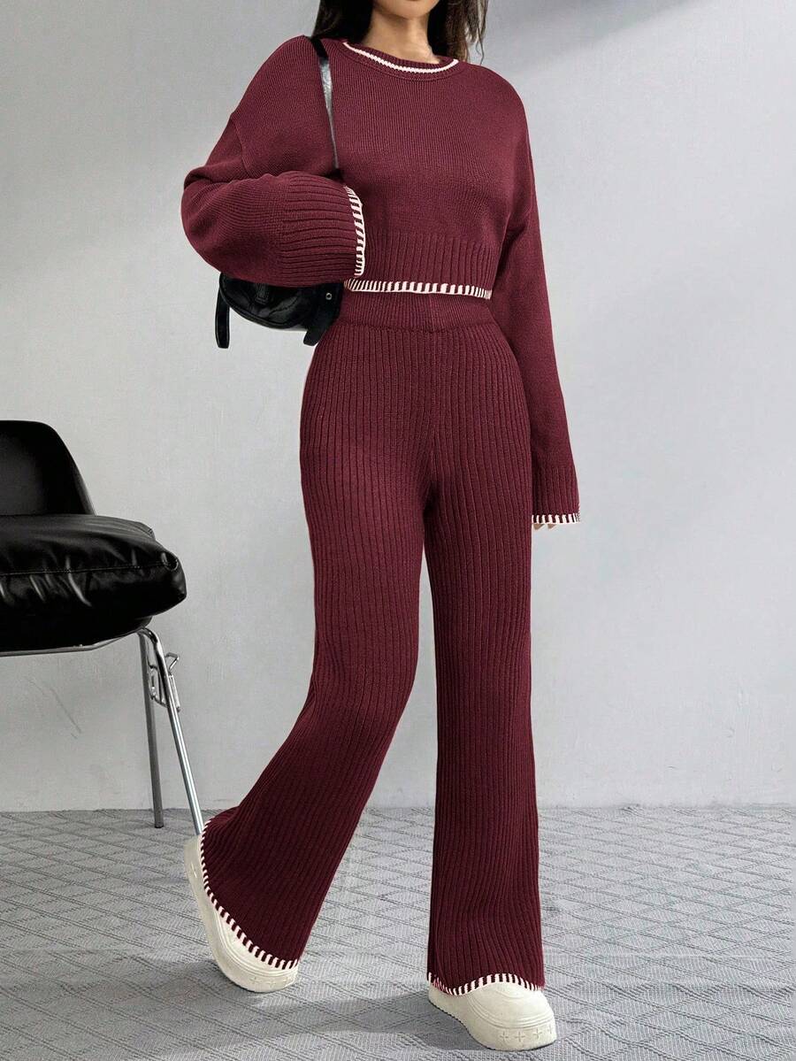 Set casual de 2 piezas para mujer con top de manga larga de cuello redondo y pantalones con ribete de contraste - Burdeos - Ver 1