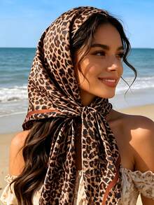 1pc Women's Fashion Leopard Print 90cm Square Scarf, Multifunctional Headscarf, Suitable For All Seasons Outfit Matching - Coffee Brown - View 7