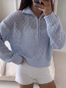 Women's Knit Sweater With Turn-Down Collar, Stand Collar, Multi-Wear Zipper, Minimalist Sporty Solid Color Hollow-Out Sheer Loose Casual Top For Spring, Autumn And Winter - Baby Blue - View 2