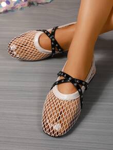 [Qishangda] Scarpe da donna con punta tonda in microfibra e rete traspirante, con cinturino singolo, piatte, taglie grandi, sandali Mary Jane in rete intrecciata, scarpe alla moda piatte con cinturino singolo e design traforato - Bianco e nero - Visualizzare 7