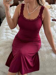 Spring/Summer Plus Size Women's Mid-Length Lace Trim Bow Red Spaghetti Strap Nightgown, Wide Strap, Lightweight And Soft - Red - View 1
