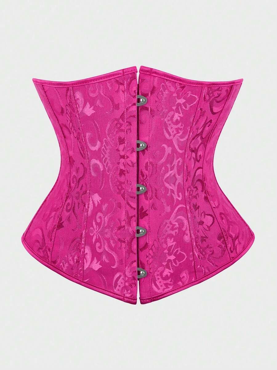 Underbust Corsets For Women,Corset Belt, Women's Floral Jacquard Lace Up Under Boob Corset Slimmer Body Shaper - 玫紅色 - 查看 1
