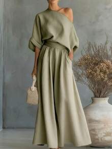 Women's One Shoulder Loose Top And Wide Leg Pants Two-Piece Set, With A Simple And Elegant Style, Perfect For City Exploration And Exquisite Travel - Dark Brown - View 3