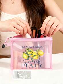 "Lemon Sorrento Italy" Pattern Multifunctional Mesh Cosmetic Bag, Travel Makeup Bag, Summer Bag, Women's Handbag, Office Makeup Bag, Women's Bag, Wallet, Lightweight Breathable Zipper Organizer Bag For Pencils, Coins, Small Storage, Credit Cards, Chargers, Passports, Lipsticks, Travel Accessories, Pencil Case, Wallet, Fashionable Women's Summer Holiday Gift, Friend, Colleague, Birthday, Graduation Season Gift - Multicolor - View 4