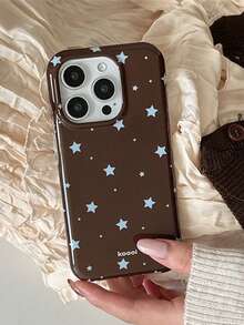 1件裝 棕色底藍色星星手機殼 復古風 全包覆 防震 軟殼 適用於 iPhone17/16/15/14/13/12/11 Pro Max 美式Ins風 手機保護套 小眾設計 - 棕色 - 查看 5