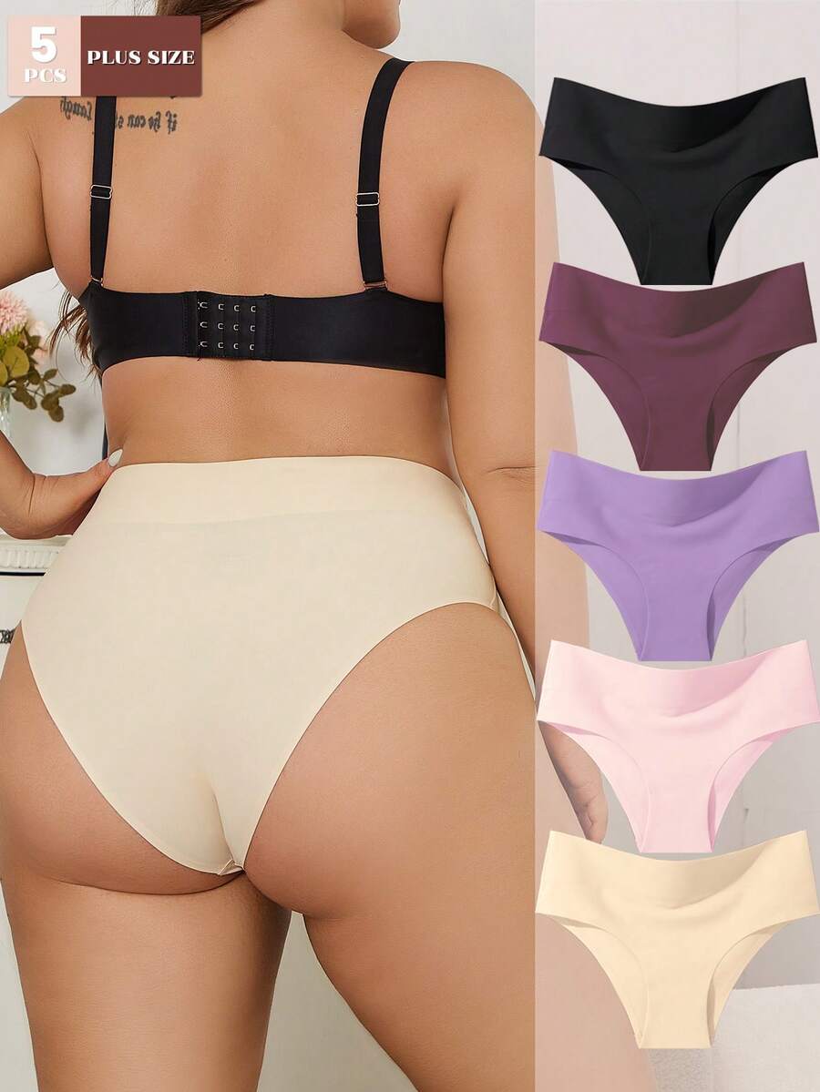 FINETOO 5pcs/Set Celana Dalam Segitiga Pinggang Tinggi Tanpa Jahitan Ukuran Plus Wanita, Pakaian Dalam Wanita Sederhana dan Nyaman, Cocok untuk Pemakaian Sehari-hari - MultiWarna - View 1