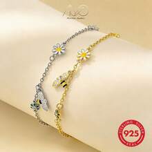 925 Silver Colorful Flower Bracelet For Women, Inlaid With Zirconia And Cute Bees, Lovely Jewelry Gift For Her, Summer - Gold - View 4