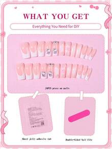 SANRIO 三麗鷗 Hello Kitty 24入中型棺材形白色法式穿戴式假指甲，可愛 Hello Kitty、蝴蝶結、花朵、珍珠與水鑽設計，春夏美甲藝術，完美貼合壓克力假指甲組，適合女孩日常與派對使用 - 彩色 - 查看 4