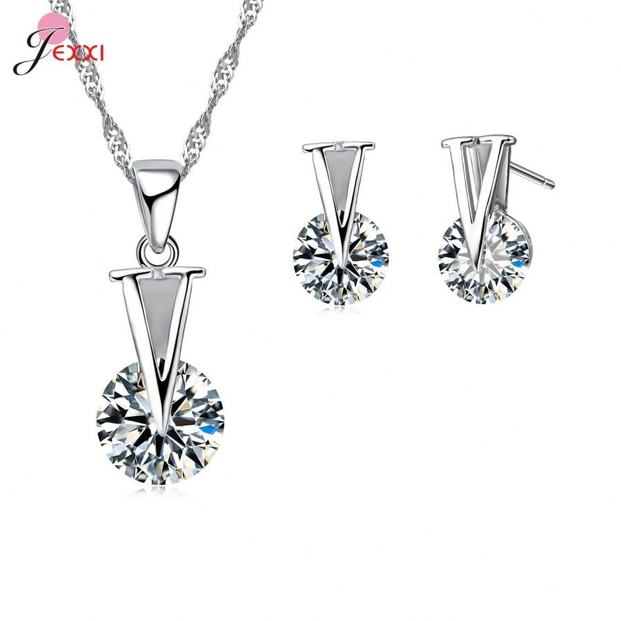 925 Sterling Silver Plating Necklace And Earring Set With Cubic Zirconia, Cross, Heart And Butterfly Design, Fashion Jewelry For Women. - 51501 - 查看 1