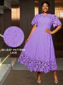 Plus Size Women Hollow Lace Floral Elegant A-Line Maxi Dress, Suitable For Party And Wedding - Purple - View 1
