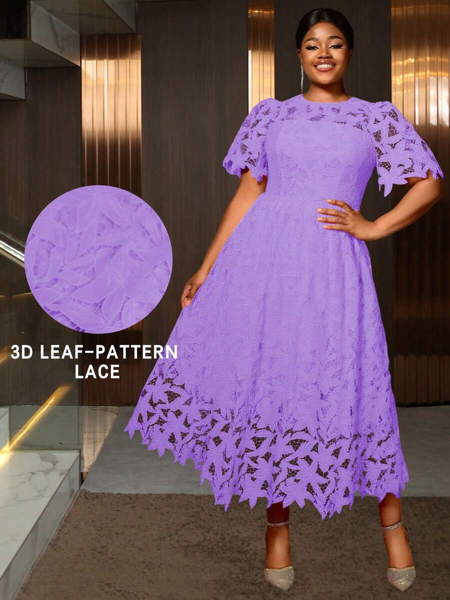 Plus Size Women Hollow Lace Floral Elegant A-Line Maxi Dress, Suitable For Party And Wedding - Purple - View 1