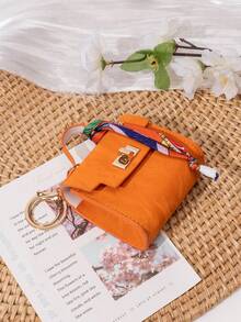 CHARM INFINITE 絲綢緞帶裝飾迷你方形旋轉鎖扣鑰匙圈包,花卉豹紋印花 PU 皮革耳機零錢卡片收納包,可愛手提包掛飾 - 彩色 - 查看 4