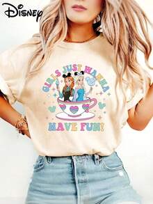 Disney Official Licensed Frozen Anna & Elsa Print T-Shirt For Women, Soft & Cozy, Casual Top For Girls Trip - 杏色 - 查看 1