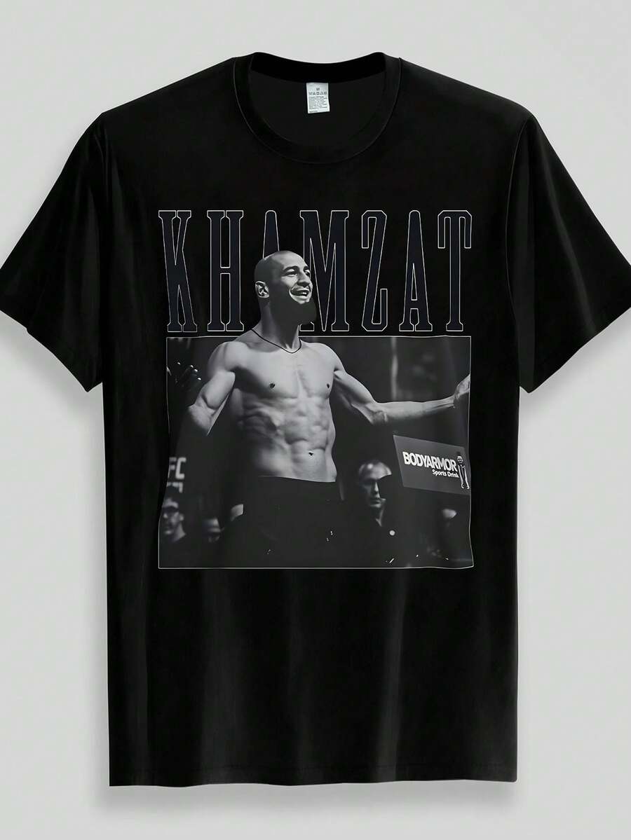 KHAMZAT MMA Estilo Arena: Las líneas musculares muestran la potencia del combate. Camiseta para hombre. Como regalo, conjunto de verano para hombre, verano. - Negro - Ver 1