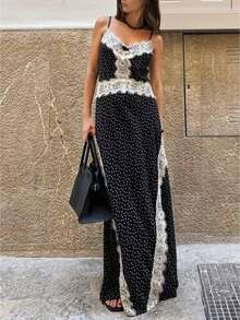 Vestido Largo Mujer de Lunares con Encaje Escote V Tirantes Finos Abertura Asimétrica Elegante para Boda y Fiesta - Negro - Ver 1