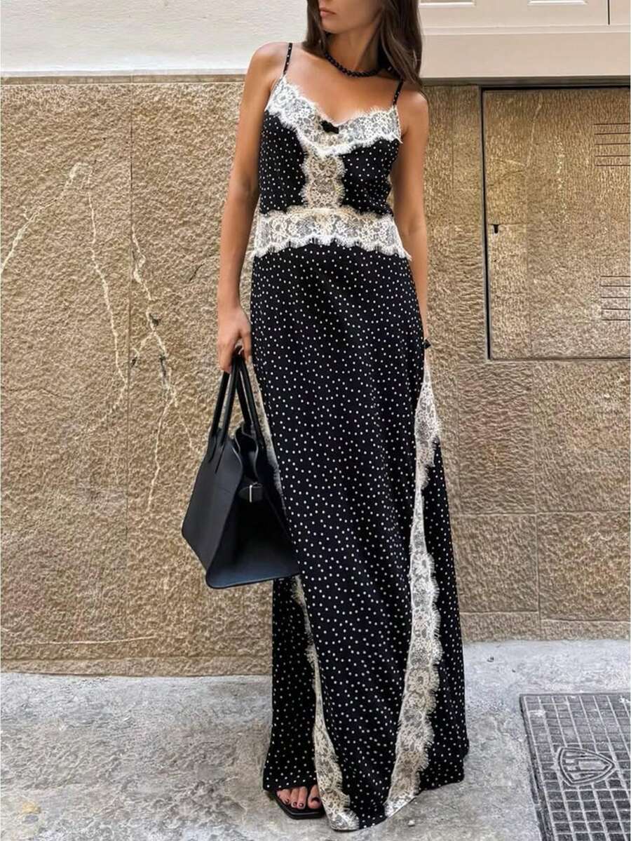 Vestido Largo Mujer de Lunares con Encaje Escote V Tirantes Finos Abertura Asimétrica Elegante para Boda y Fiesta - Negro - Ver 1