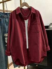Camisa casual de mujer talla grande con botones delanteros y bolsillo de unicolor - Burdeos - Ver 1