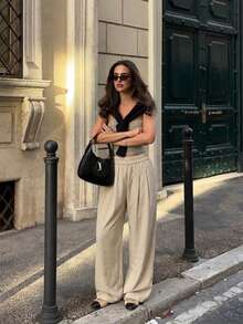 Quần dài nữ mặc đi làm hàng ngày mùa hè, quần ống rộng lụa băng mỏng cạp cao, dáng rủ suông rộng, phong cách casual, bề mặt vân nổi - Màu be - Xem 6