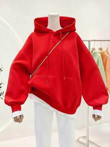 Sudadera de color sólido para mujer, estilo Y2K, otoño 2025, manga larga, hombros caídos, ropa de invierno para mujer, nueva moda para la vuelta al cole. - Rojo - Ver 1
