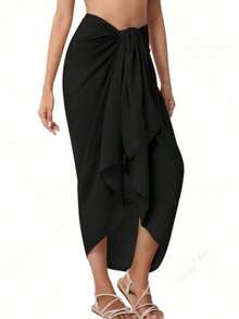 Women's Beach Sarong Chiffon Swimsuit Cover Up Transparent Bikini Apron Swimwear Bathrobe Cover Up - Black - View 1