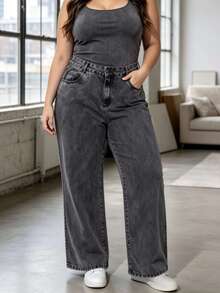 Women's Plus Size Wide Leg Jeans, High Waist, Comfortable Palazzo Pants - garafite - 查看 1