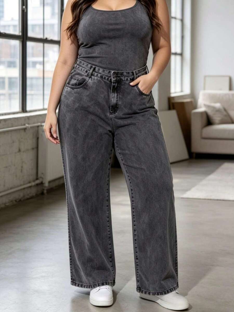 Women's Plus Size Wide Leg Jeans, High Waist, Comfortable Palazzo Pants - garafite - 查看 1