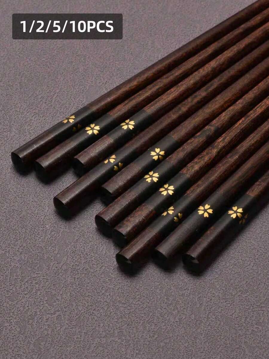 1/2/5/10對日式五瓣花木製筷子，印花木筷，適用於家庭用餐，廚房餐具套裝