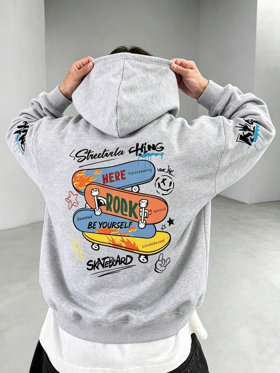 Sudadera cálida con estampado de monopatín de dibujos animados para niño - Gris - Ver 1
