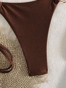 Women's Vacation Style Steel Color Tote Bikini 2 Pieces Set, With Shoulder Straps And Metal Waist Decoration Beach - Coffee Brown - View 6