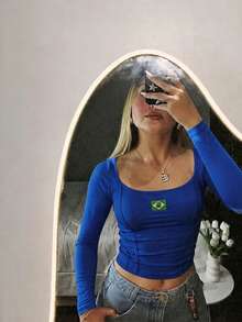 Women's Corset, Cropped Long-Sleeved Square Neckline, Brazil World Cup 2026 Hexa Double Premium Suplex Corset MG - 藍色 - 查看 3